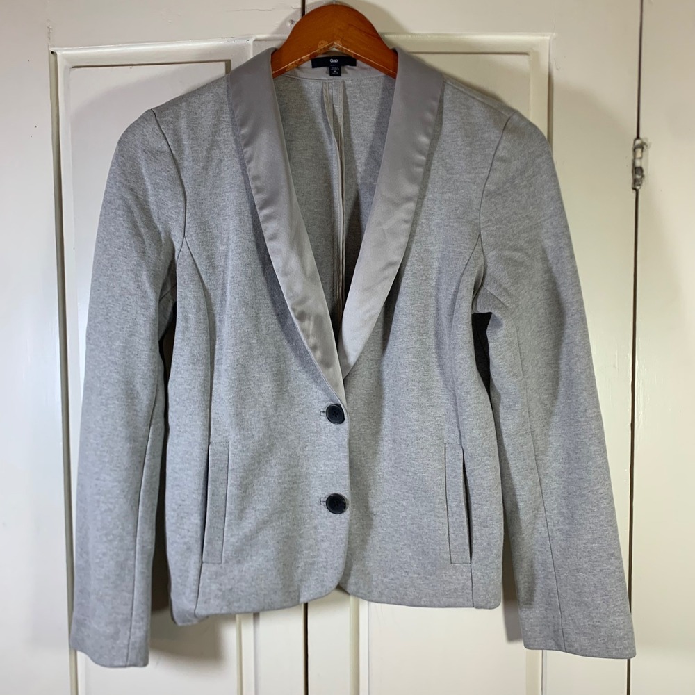 Gap Petite Womens Gray Knit Blazer Satin Shawl Lapel Two Button Jacket Size‎ M